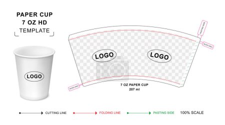 Paper cup die cut template for 7 ounce Hot Drink with 3D blank vector mockup for food packaging