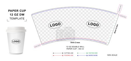 Paper cup die cut template for 12 ounce Double wall with 3D blank vector mockup for food packaging