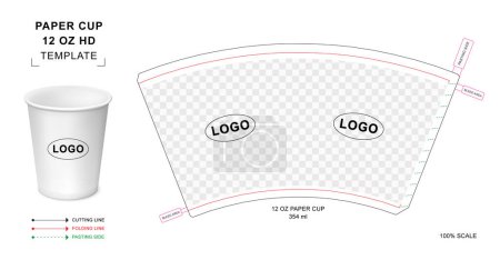 Illustration for Paper cup die cut template for 12 ounce Hot Drink with 3D blank vector mockup for food packaging - Royalty Free Image