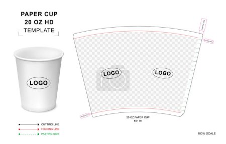 Taza de papel troquelado plantilla para 20 onza Hot Drink con 3D mockup vector en blanco para el envasado de alimentos