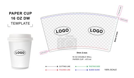 Modèle de coupe de matrice de tasse en papier pour 16 onces Double paroi avec maquette vectorielle vide 3D pour l'emballage alimentaire
