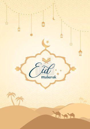 Plantilla de póster de felicitación islámica Eid Mubarak sobre fondo dorado. Ilustración vectorial.