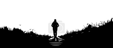 A lonely man walking into the forest. lonely man at mountain and forest landscape illustration. Black and white concept
