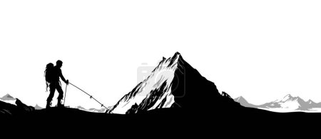 Silueta de un joven que ha escalado con éxito una ilustración vectorial de montaña