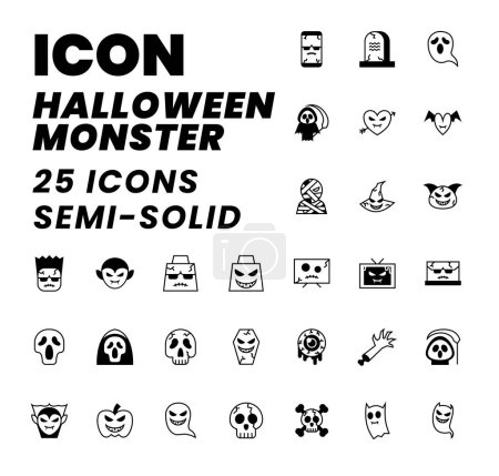 Téléchargez les illustrations : Pack d'icônes Monstre d'Halloween Semi solide, icône d'Halloween, effrayant, effrayant, Horor, icône simple et minimaliste - en licence libre de droit