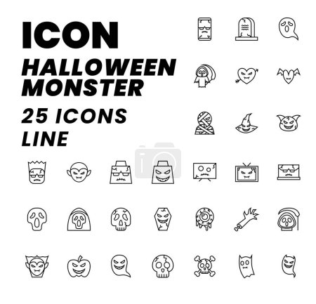 Ilustración de Paquete de iconos Halloween Monster line, icono de Halloween, espeluznante, aterrador, Horor, icono simple y minimalista - Imagen libre de derechos