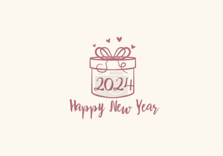 Téléchargez les illustrations : Happy New Year 2024 Gift Box Concept, Logo Happy Newyear Feminim Line Pink, carte de vœux 2024. Fichier modifiable - en licence libre de droit