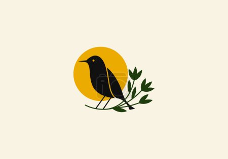 Téléchargez les illustrations : Logo Silhouette Oiseau et soleil avec feuille de branche, design minimaliste et moderne du logo, couleur modifiable - en licence libre de droit