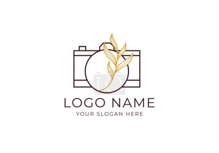 Ilustración de Logotipo de la cámara y la hoja dentro de la lente. línea de arte, boho, diseño de logotipo. Color editable - Imagen libre de derechos