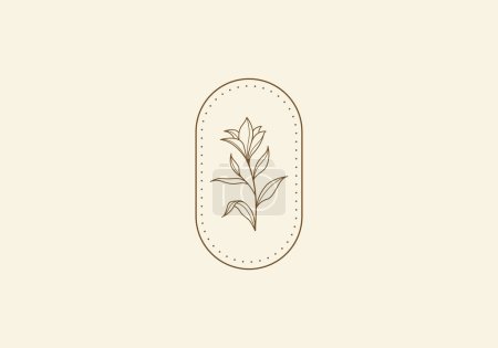 Ilustración de Logo ramo de flores con hoja en borde redondeado. Línea Boho, diseño de logo botánico. Color editable - Imagen libre de derechos