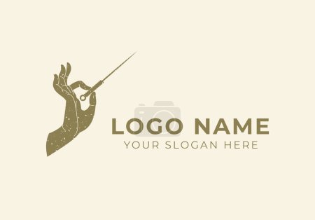 Illustration for Logo Hand hold Accupunture needle or pin. Classic, boho, vintage logo design. Editable color - Royalty Free Image