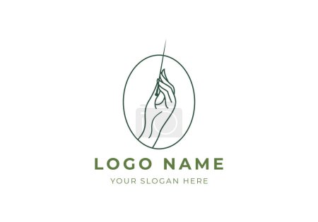 Illustration for Logo Hand hold Accupunture needle or pin. Classic, boho, vintage logo design. Editable color - Royalty Free Image