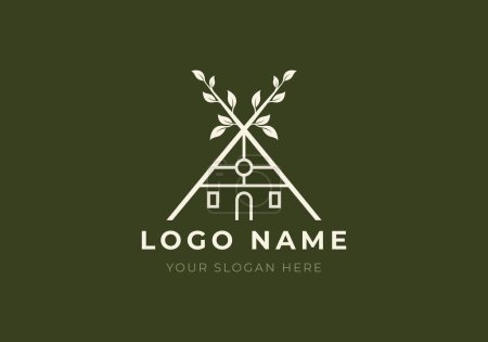 Illustration for Logo homestay or villa and rooftop with tree leaf. Hospitality, home, nature, botanical logo design. Editable color - Royalty Free Image