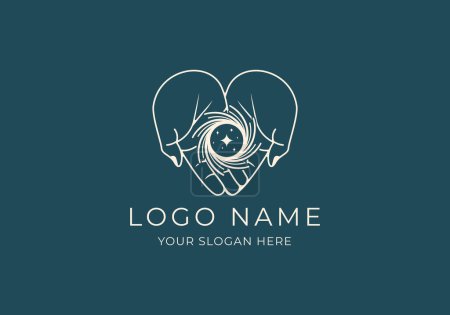 Illustration for Logo Line Open Hand Looking Up or Asking or Pray With Spiral concept, Moon, Stars, Spiral Logo Concept. Boho, Line, handrawn logo design, editable color - Royalty Free Image