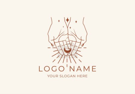 Illustration for Logo Line Open Hand Looking Up or Asking or Pray With Spiritual concept, Moon, Stars, Spiritual Logo Concept. Boho, Line, handrawn logo design, editable color - Royalty Free Image