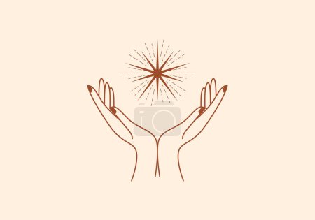 Illustration for Logo Line Open Hand Looking Up or Asking or Pray With Spiritual concept, Stars, Spiritual Logo Concept. Boho, Line, handrawn logo design, editable color - Royalty Free Image