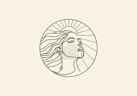 Ilustración de Logo Line Mujer Ojo Cerrado Forma de círculo con rayo de sol o sol. Boho, arte de línea, concepto de logotipo hecho a mano. Color editable - Imagen libre de derechos