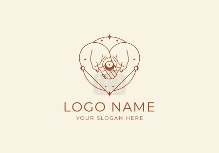 Illustration for Logo Line Open Hand Looking Up or Asking or Pray With Moon concept. Stars, Moon and Spiritual Logo Concept. Boho, Line, handrawn logo design, editable color - Royalty Free Image