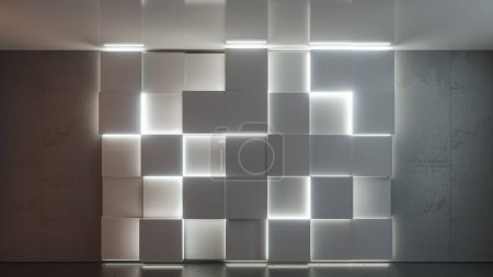 Leere Loft-Innenraum mit modernen Wand aus Glühwürfeln Formen und Betonoberfläche. Abstrakte Architektur im Inneren. 3D-Rendering