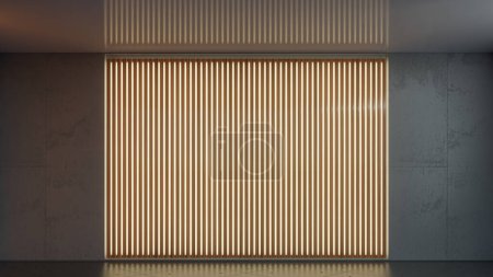 Leerer Loft-Innenraum mit Installation von beleuchteten Holzbrettern an einer Betonwand. Abstrakte Architektur im Inneren. 3D-Rendering