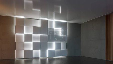 Empty loft interior room with modern wall of glow cubes shapes and concrete surface. Abstract architecture interior. 3D rendering