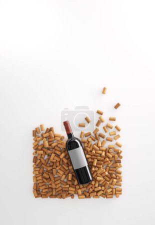 Photo for Red wine bottle lies on a lot of wine corks, laid out in shape of a square. Top view, blank label. 3D rendering - Royalty Free Image