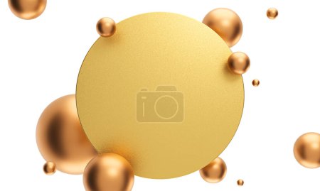 Téléchargez les photos : Cercle d'or givré, entouré de sphères de cuivre à gravité nulle. Contexte abstrait. rendu 3D - en image libre de droit