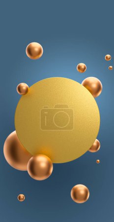 Foto de Círculo de oro esmerilado, rodeado de esferas de cobre flotando en el aire a gravedad cero. Fondo abstracto. Renderizado 3D - Imagen libre de derechos
