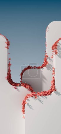 Téléchargez les photos : Fond abstrait d'éléments blancs futuristes avec des fleurs rouges poussant sur leur surface. rendu 3D - en image libre de droit