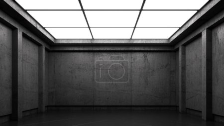 Foto de Habitación vacía con paredes de hormigón negro y luces en el techo. Interior de la sala de arquitectura abstracta. Renderizado 3D - Imagen libre de derechos