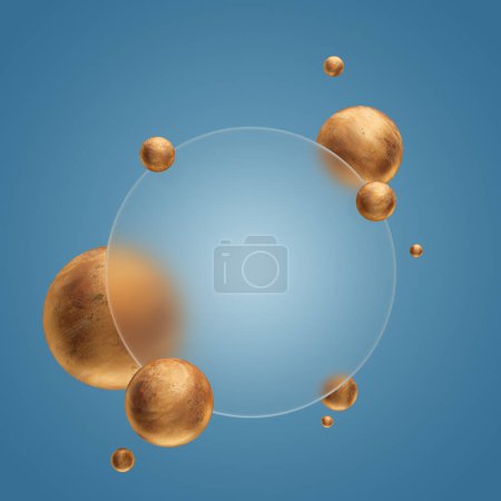 Photo for Frosted glass circle, surrounded with copper spheres at zero gravity. Abstract background. 3D rendering - Royalty Free Image
