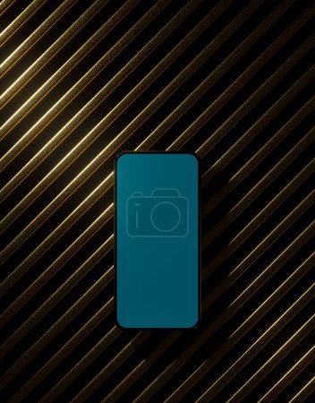 Foto de Smartphone maqueta sobre rayas de oro. Vista superior. Renderizado 3D - Imagen libre de derechos