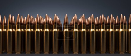 Wide rows of rifle bullets in a closeup shot. 3D rendering