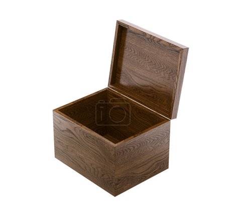Photo for Empty oak wooden box with open lid. Isolated on white. 3D rendering - Royalty Free Image