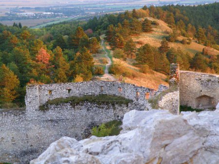 Cachtice Castle, seat of the Bathory  family at sunset. View of the castle hill. The Walls.