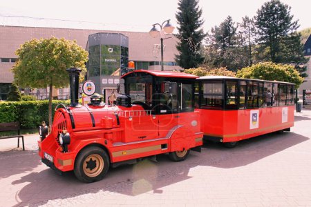 Train for tourists in the spa town at the opening of the season. Trencianske Teplice, Slovakia, may 2023.