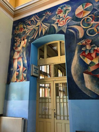 Leopoldov, Slovakia, October 16, 2023: Interior of a railway station with a mural.