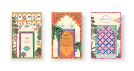 Set of Mughal Wedding Card Design. Invitation card set for printing vector illustration.