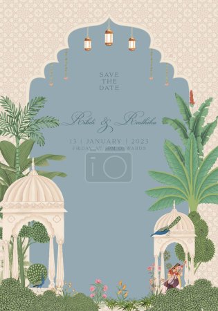Diseño de tarjetas de boda Mughal. Tarjeta de invitación para imprimir ilustración vectorial.