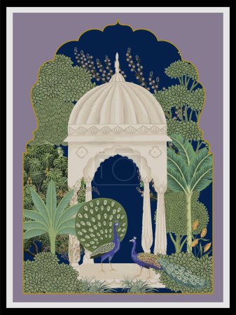 Motif traditionnel moghol, cadre, arche, paon, fleur, arbre tropical. Art mural moghol imprimable, illustration vectorielle de décor de salon.