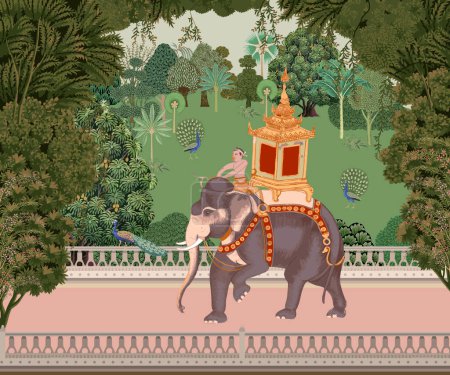 Jardín Mughal tradicional, bosque, paseo en elefante, mahout en Tailandia vector ilustración para el papel pintado.