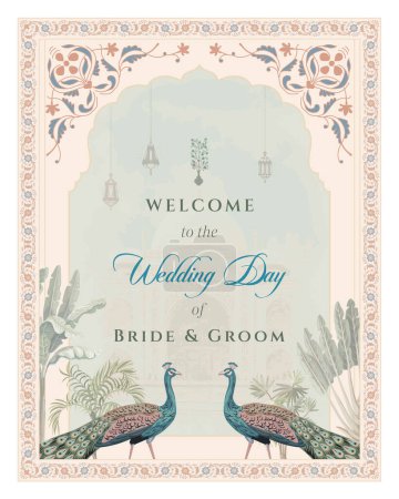 Téléchargez les illustrations : Traditional Indian Mughal Wedding Welcome Board and Mughal Wedding Card Design. Wedding welcome board for printing vector illustration. - en licence libre de droit