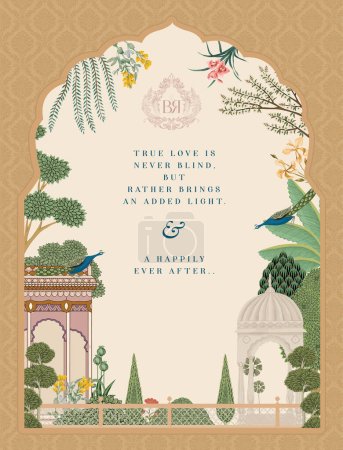 Traditional Indian Mughal Wedding Card Design. Invitation card for printing vector illustration.