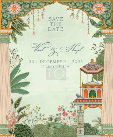 Traditional Mughal Wedding Invitation Card. Invitation card for printing vector illustration.
