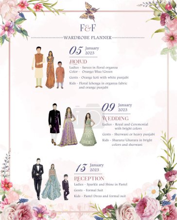 Téléchargez les illustrations : Indian wedding wardrobe planner for various functions outfit vector illustration. - en licence libre de droit