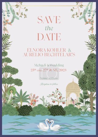 Traditional Indian Mughal wedding invitation card design. Save the date invitation card for printing vector illustration.