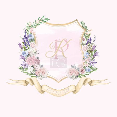 Monograma de boda pintado PK cresta floral acuarela inicial. Clavel de color rosa claro acuarela, plantilla de ilustración de vector de marco de flor de lavanda.