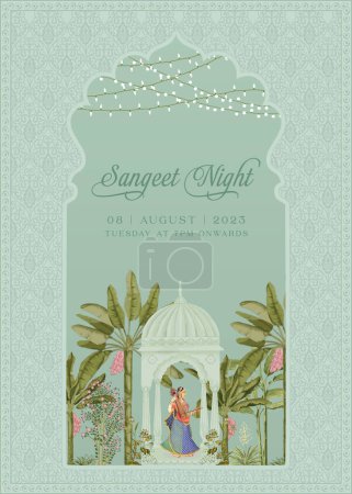 Mughal Wedding Invitation Card.  Mughal Sangeet night invitation card design for printing vector illustration.