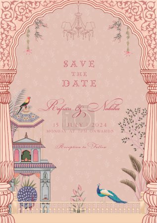 Estilo indio tradicional Mughal boda invitación tarjeta de diseño. Guarde la tarjeta de invitación de fecha con elementos decorativos para imprimir ilustración vectorial.