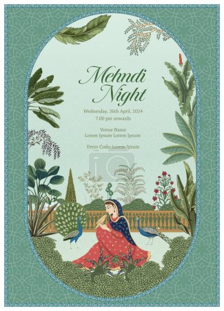 Traditional Indian Mughal Wedding Card Design. Invitation card for Mehedi Night printing vector illustration.